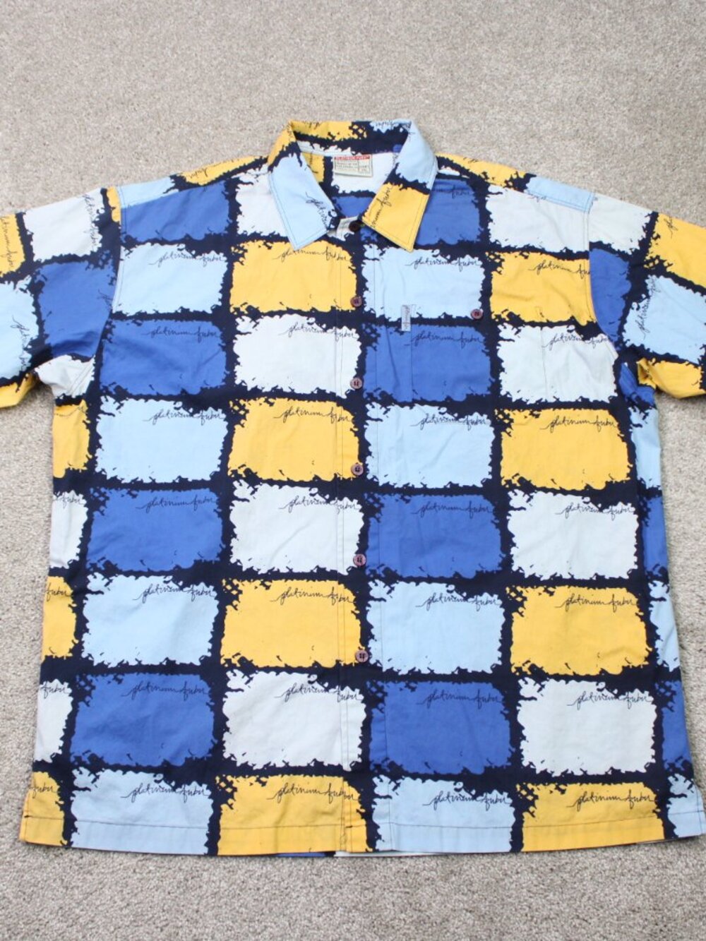 VTG Platinum FUBU Shirt Mens 2XL Blue/Yellow Geometric Cotton Short Sleeve Y2K